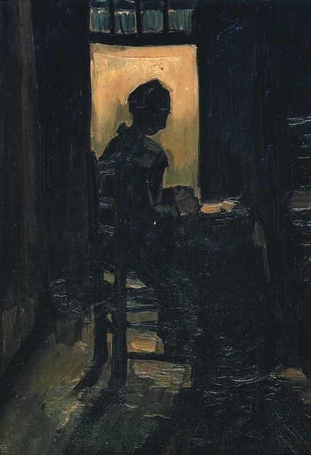 Картина Ван Гога Крестьянка, сидящая перед открытой дверью за чисткой картофеля 1885
